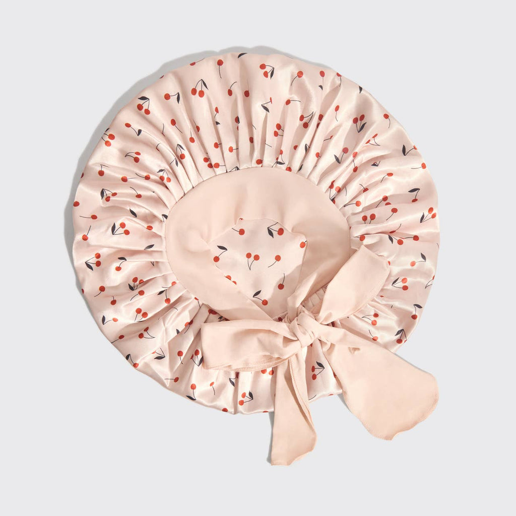 Adjustable Oversized Satin Bonnet - Cherry Print
