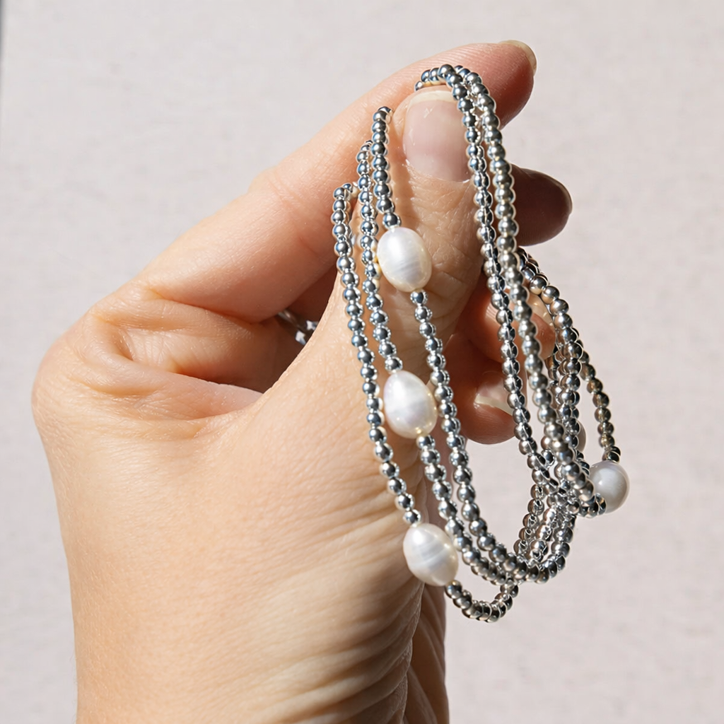 Lenny & Eva: Silver Beaded Pearl Bracelet